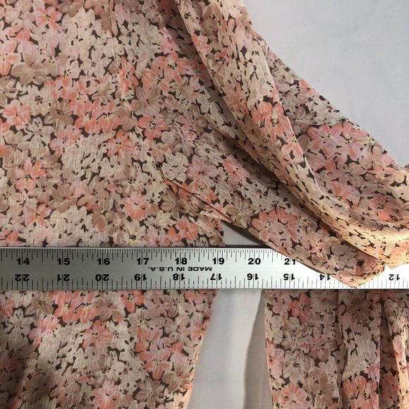 Pink & White Floral Tiered Chiffon Crêpe Puff Sleeve Flowly Mini Dress Ruffle M - Picture 8 of 8